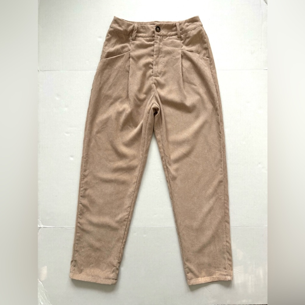 Corduroy High Waist Pleated Pants‎ Relaxed Fit Slash Pockets Tan Women’s Size S